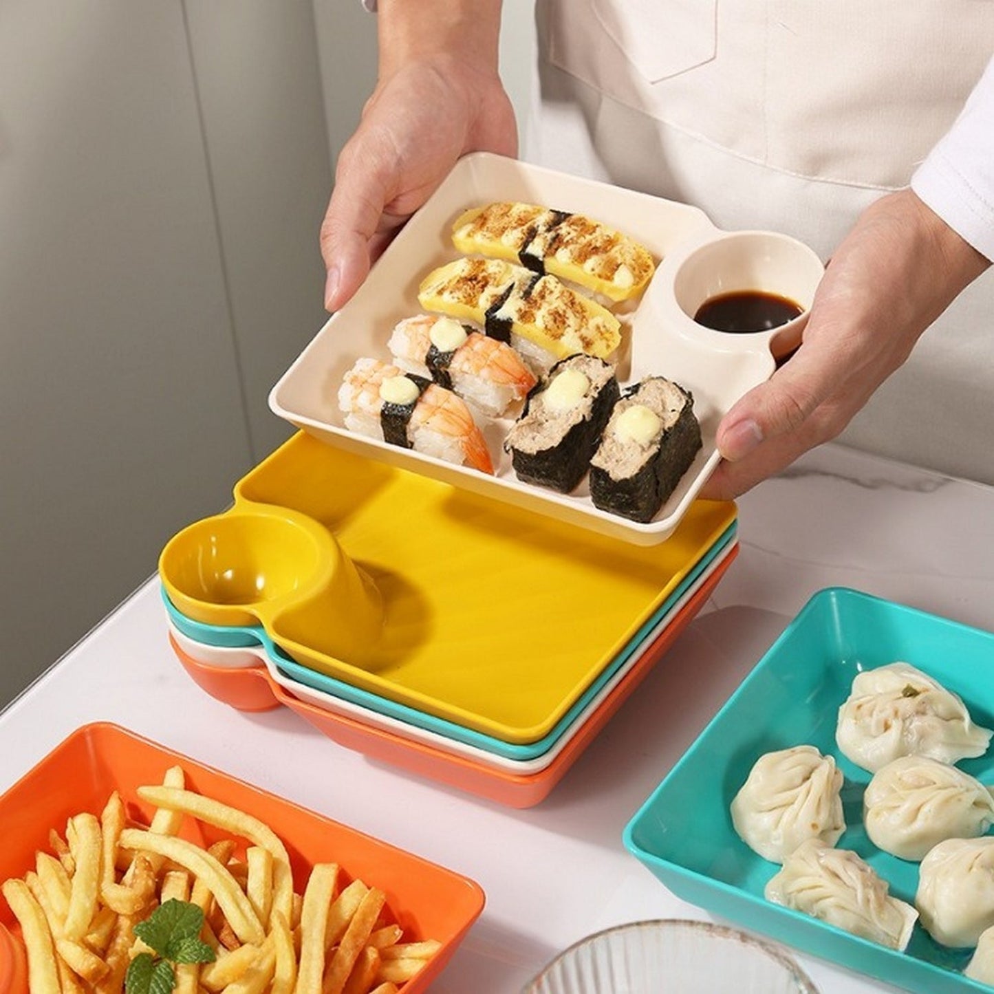 4-Piece set Colorful Serving Platter Set – Snack Plate with Sauce Section – 2-Grid French Fries Dumpling Tray