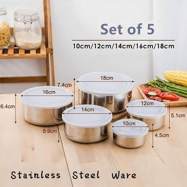 5-Pcs Deluxe Stainless Steel Food Storage Set with Airtight Lids