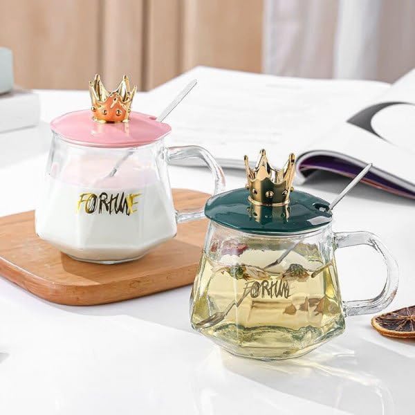 Luxury Crown Glass Mug – 300ml Clear Coffee & Tea Cup with Crown Lid and Stainless Steel Spoon
