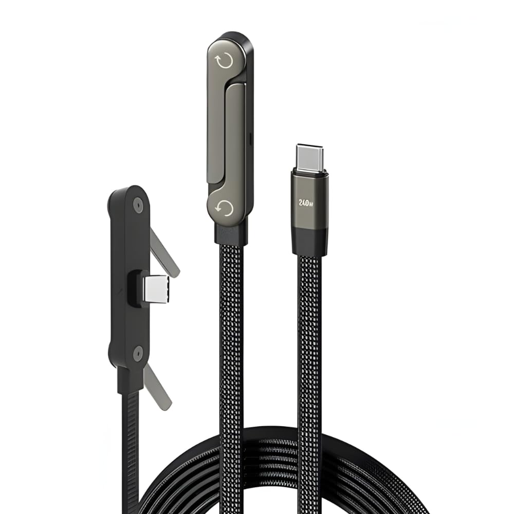 240W Type-C to Type-C Fast Charging Cable 1.5m with Foldable Phone Stand, 90° Angled Design, Braided Data Cable
