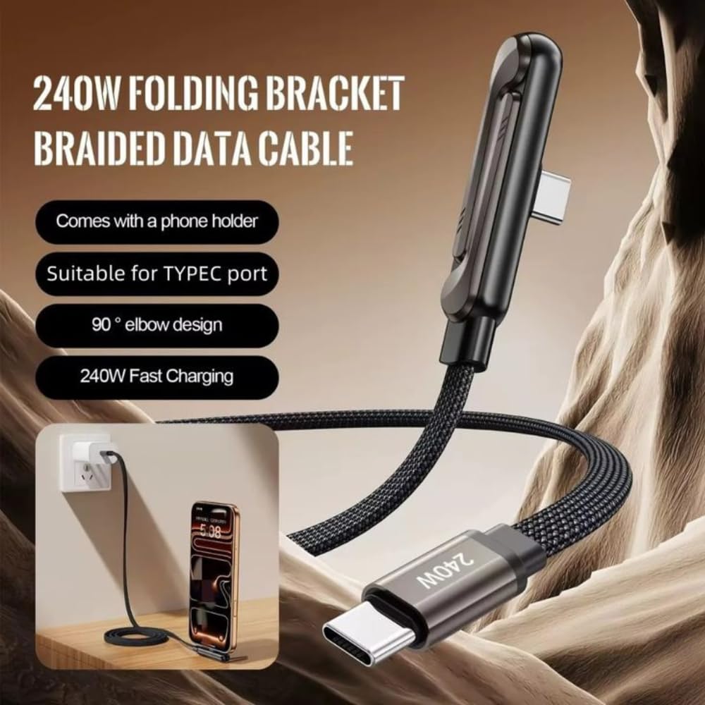 240W Type-C to Type-C Fast Charging Cable 1.5m with Foldable Phone Stand, 90° Angled Design, Braided Data Cable