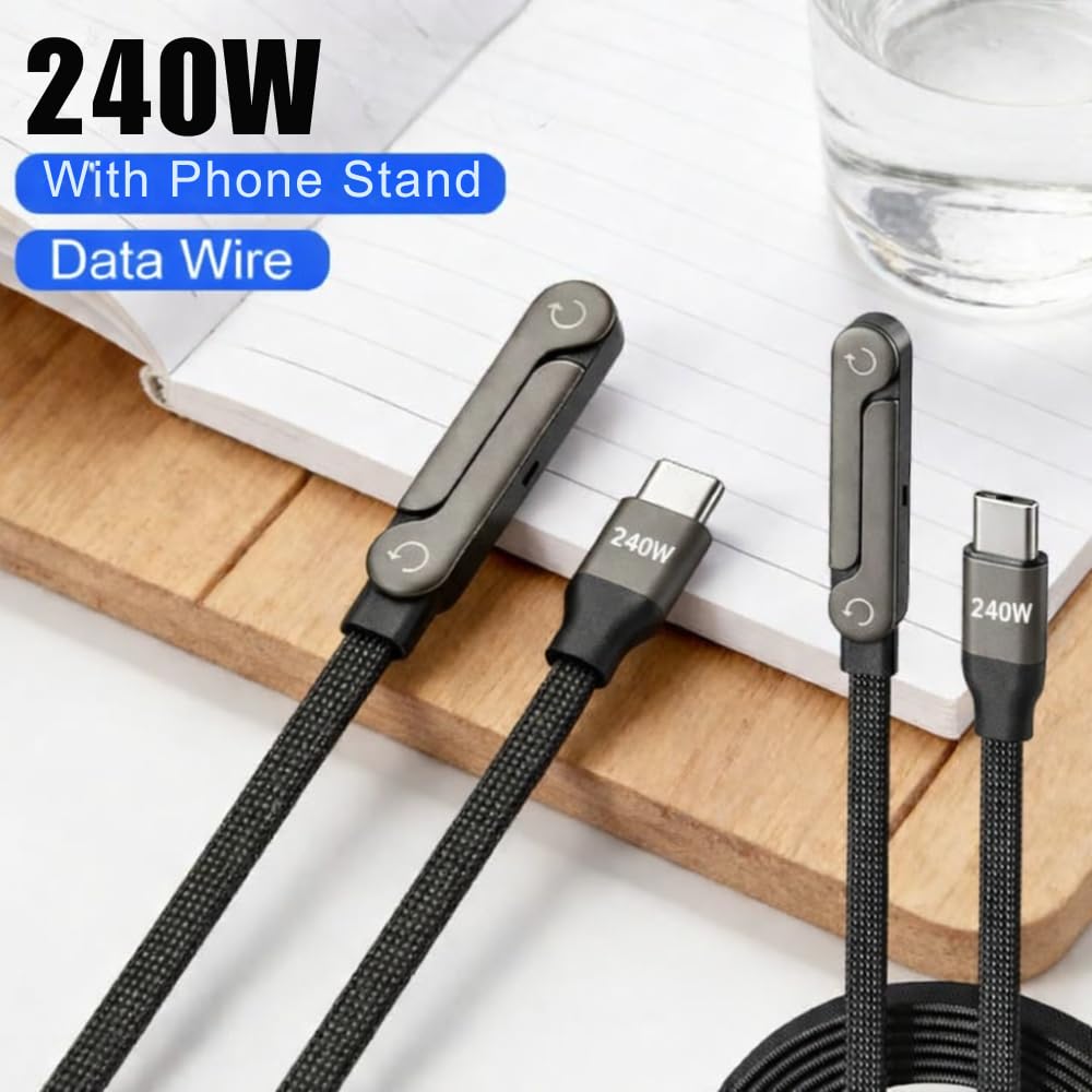 240W Type-C to Type-C Fast Charging Cable 1.5m with Foldable Phone Stand, 90° Angled Design, Braided Data Cable