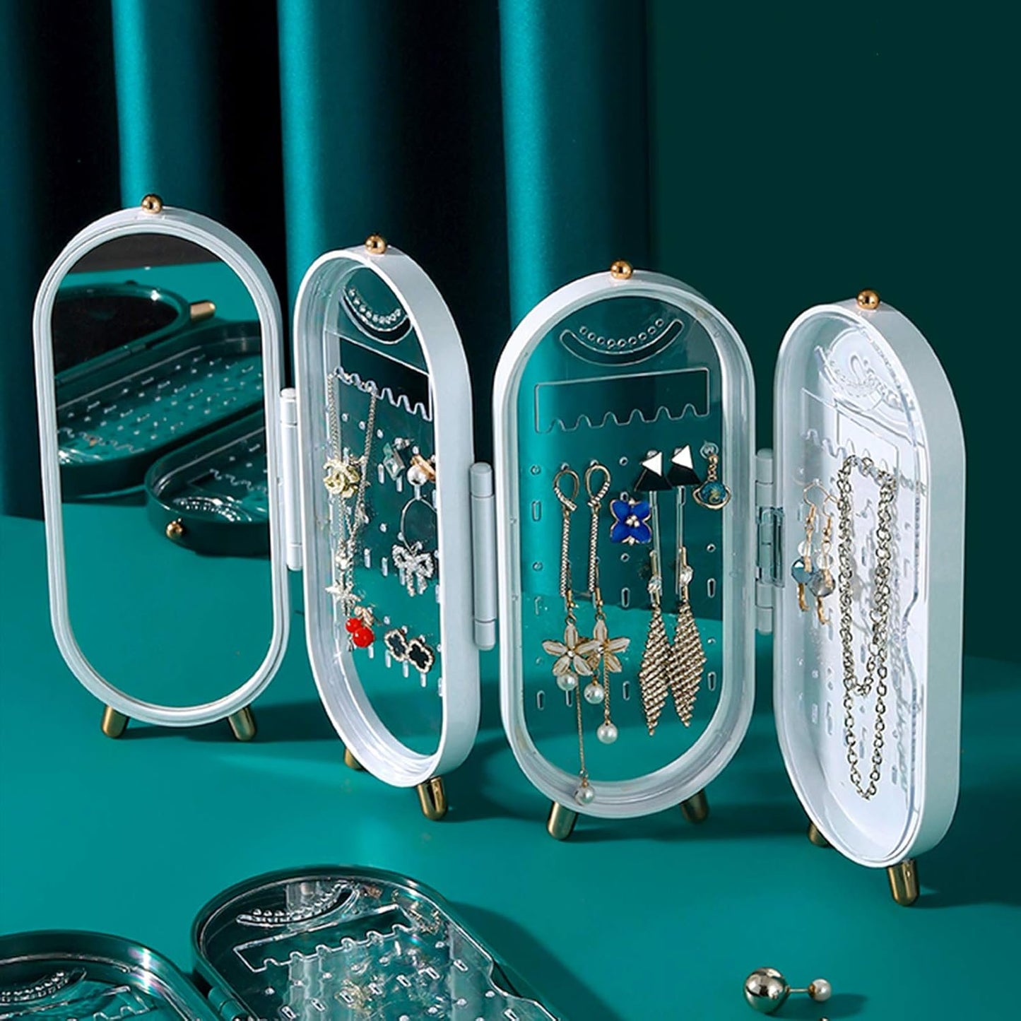 Foldable Jewellry Organizer Box with Mirror | Ear Rings & Necklace Hanging Holder | Jewelry Box Vanity Hanger Stand