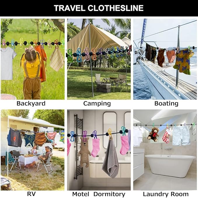 Retractable Portable Clothesline for Travel，Clothing line with 12 Clothes Clips，for Indoor and Outdoor Laundry Drying line