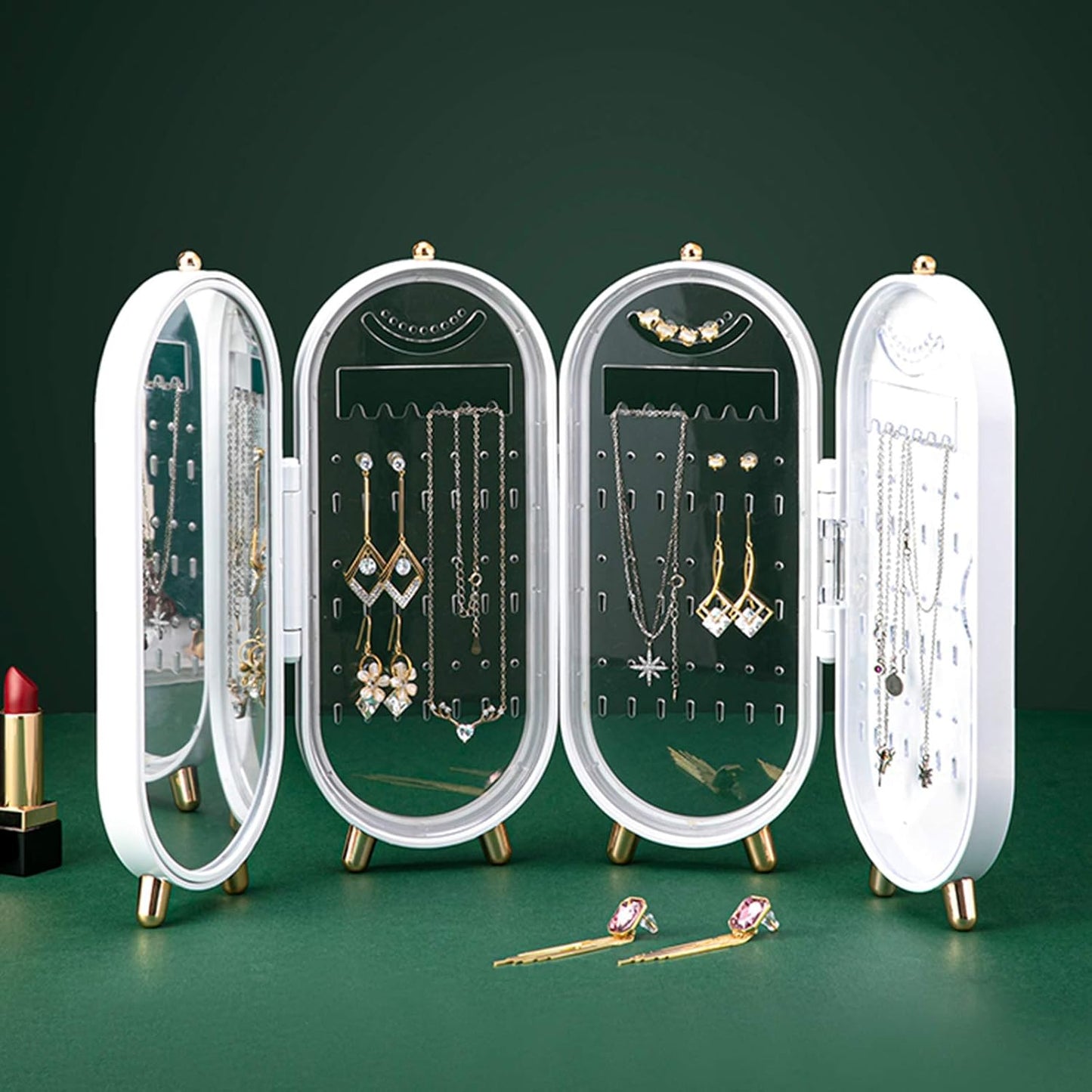 Foldable Jewellry Organizer Box with Mirror | Ear Rings & Necklace Hanging Holder | Jewelry Box Vanity Hanger Stand