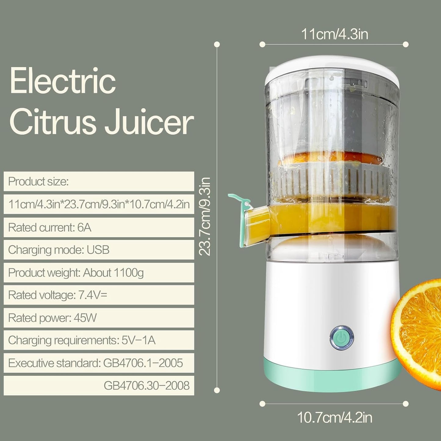 Electric Citrus Juicer, Rechargeable Juicer Machine with USB Cable and Touch Button, Automatic Orange Lime Lemon Grapefruit Squeezer, Easy to Clean Portable Juicer, White