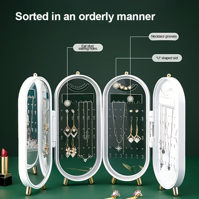 Foldable Jewellry Organizer Box with Mirror | Ear Rings & Necklace Hanging Holder | Jewelry Box Vanity Hanger Stand