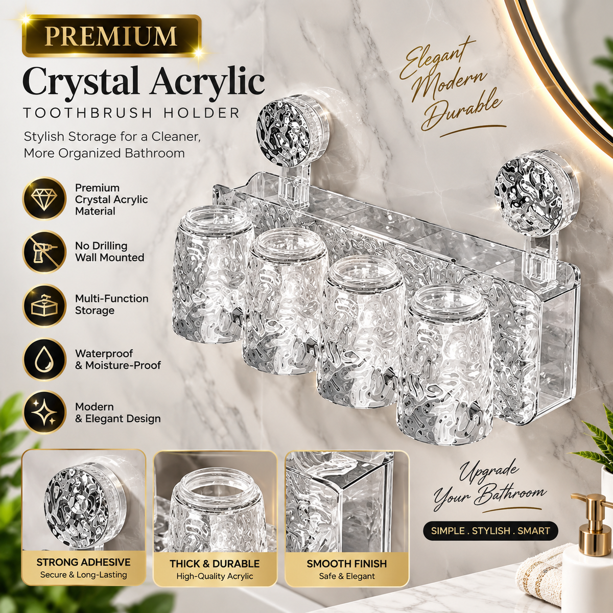 Luxury Crystal Acrylic Wall-Mounted Toothbrush Holder & Bathroom Organizer