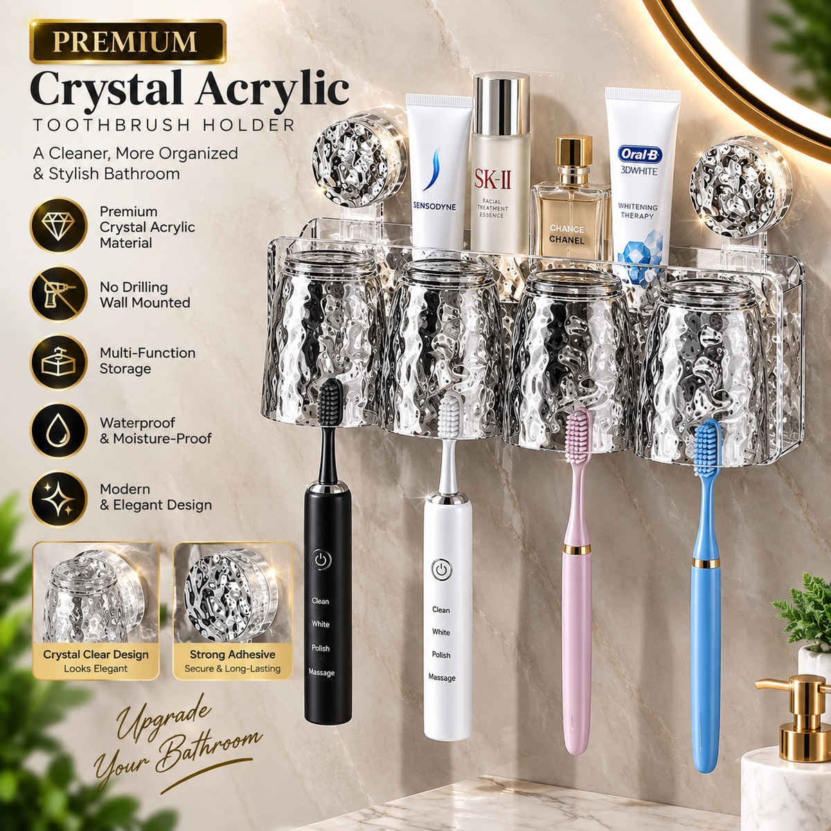 Luxury Crystal Acrylic Wall-Mounted Toothbrush Holder & Bathroom Organizer