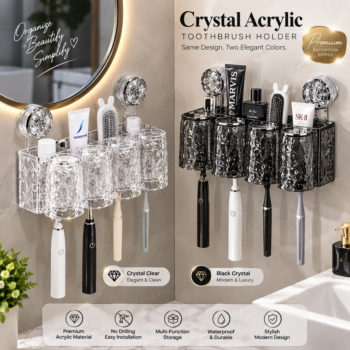 Luxury Crystal Acrylic Wall-Mounted Toothbrush Holder & Bathroom Organizer