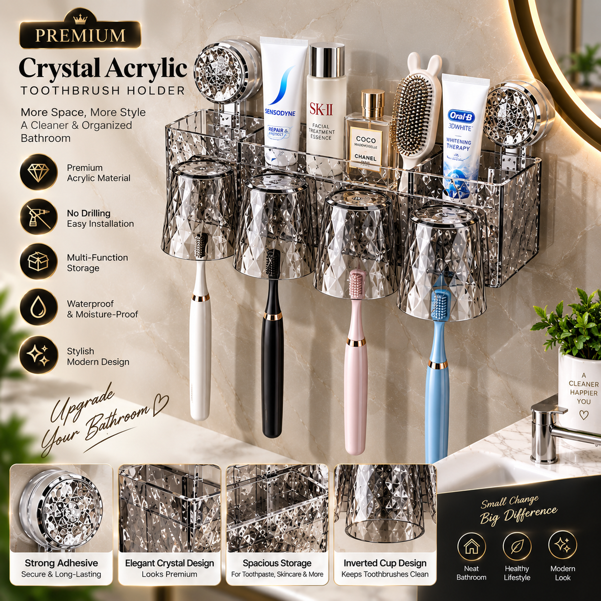 Luxury Crystal Acrylic Wall-Mounted Toothbrush Holder & Bathroom Organizer