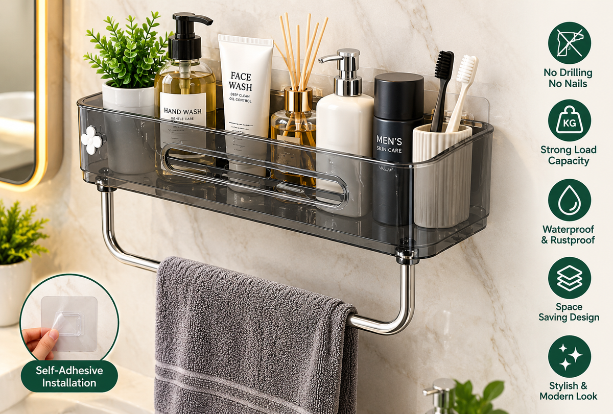 Wall Mounted Storage Rack With Towel Holder, Punch Free Storage Rack