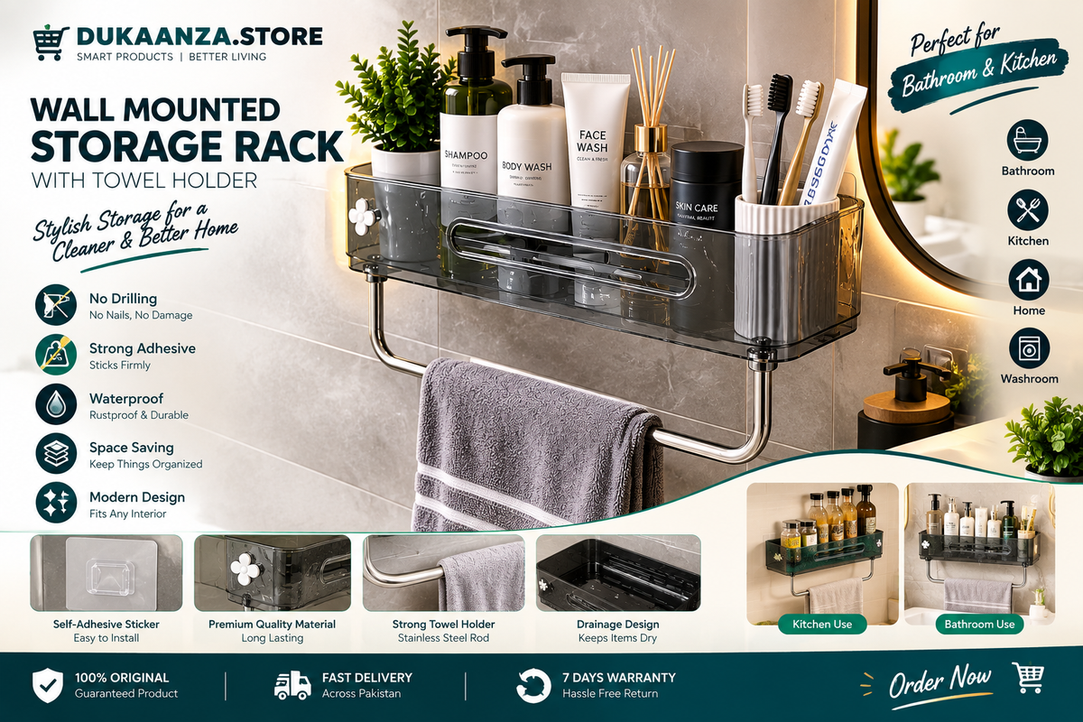 Wall Mounted Storage Rack With Towel Holder, Punch Free Storage Rack