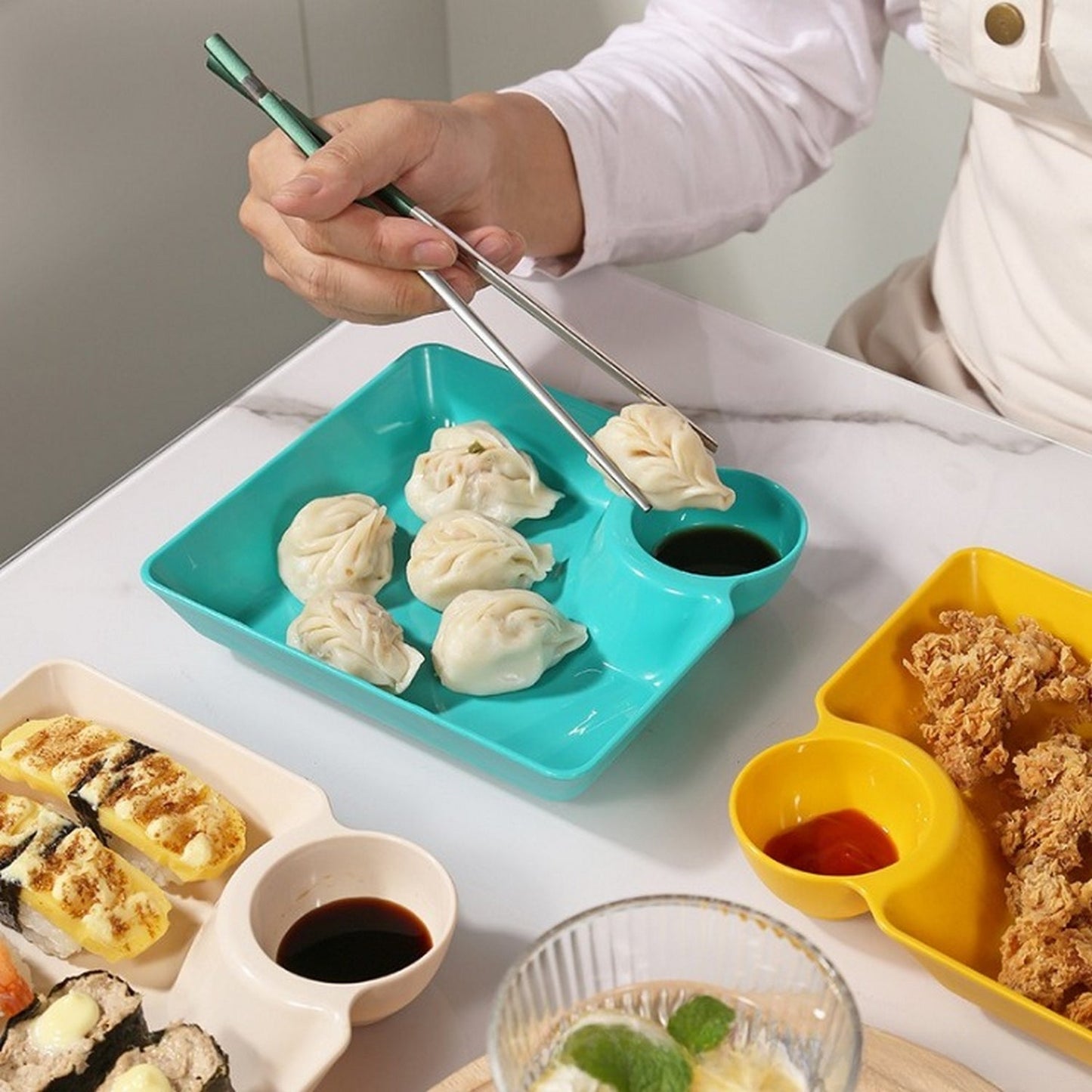 4-Piece set Colorful Serving Platter Set – Snack Plate with Sauce Section – 2-Grid French Fries Dumpling Tray