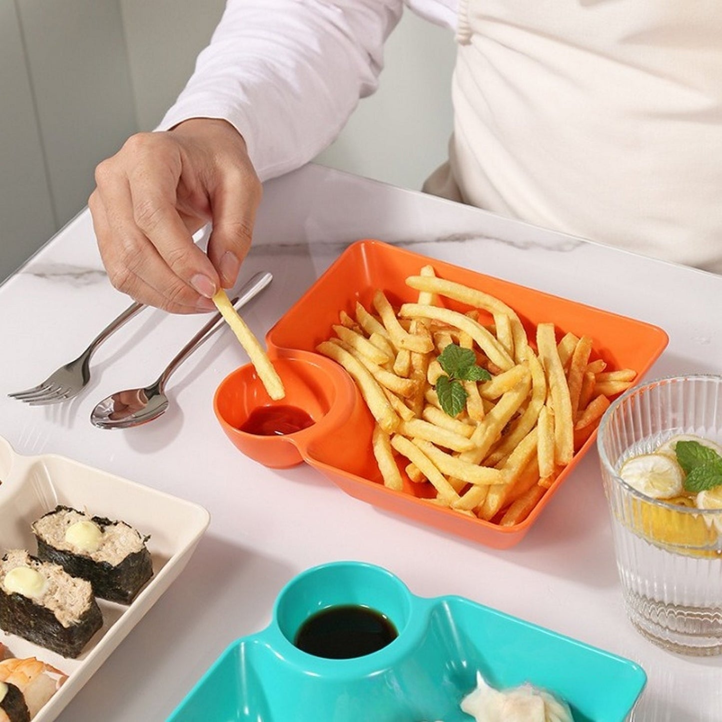 4-Piece set Colorful Serving Platter Set – Snack Plate with Sauce Section – 2-Grid French Fries Dumpling Tray