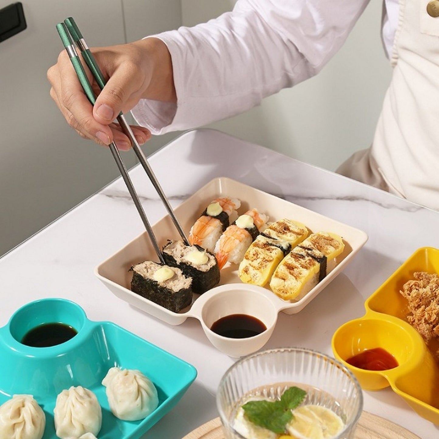 4-Piece set Colorful Serving Platter Set – Snack Plate with Sauce Section – 2-Grid French Fries Dumpling Tray
