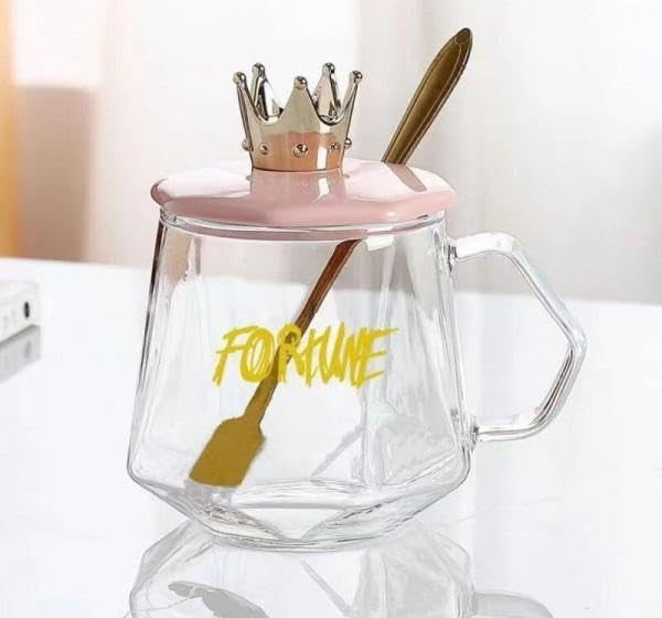 Luxury Crown Glass Mug – 300ml Clear Coffee & Tea Cup with Crown Lid and Stainless Steel Spoon