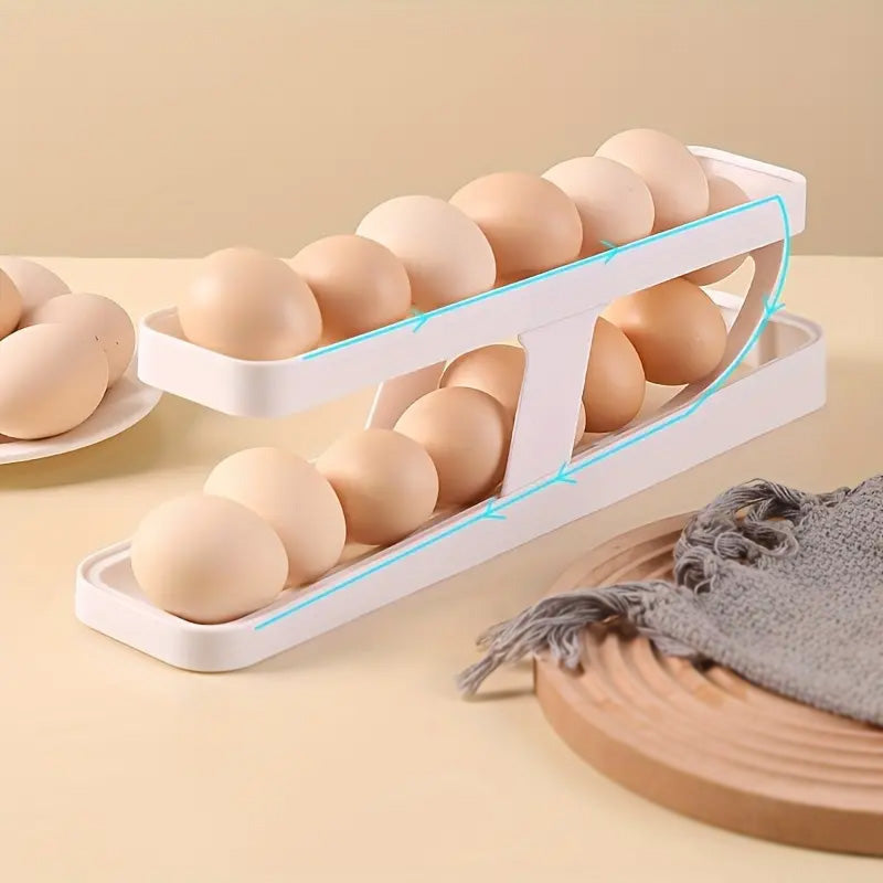 2 Tier Egg Dispenser Automatically Rolling and Space Saving Egg Tray