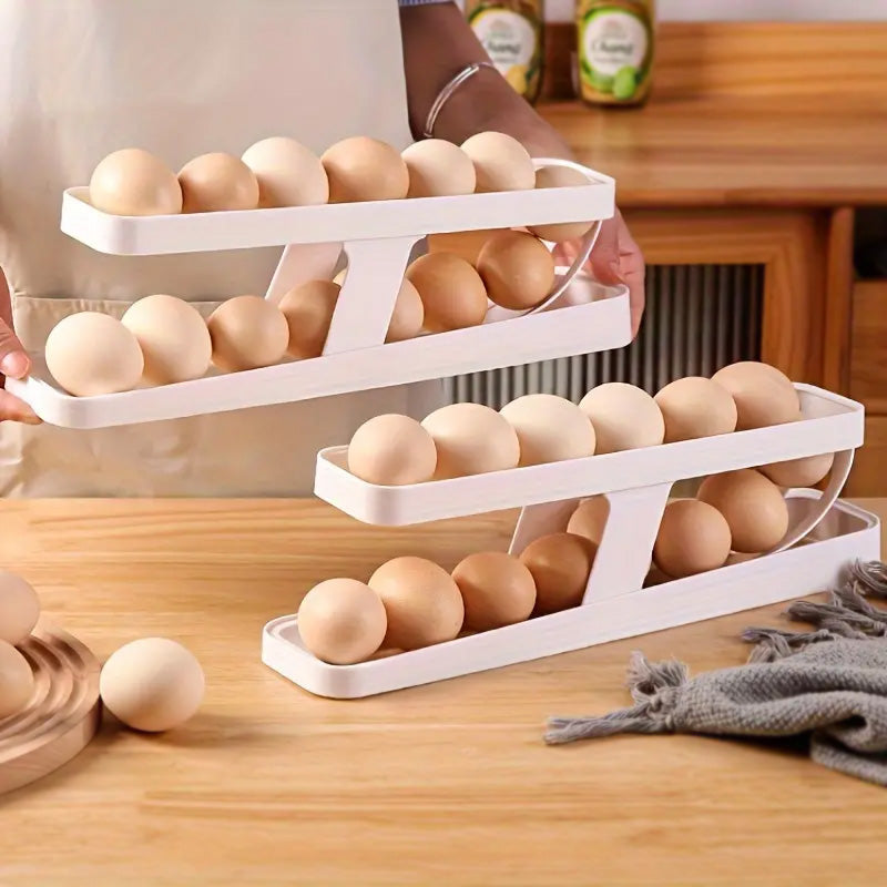 2 Tier Egg Dispenser Automatically Rolling and Space Saving Egg Tray