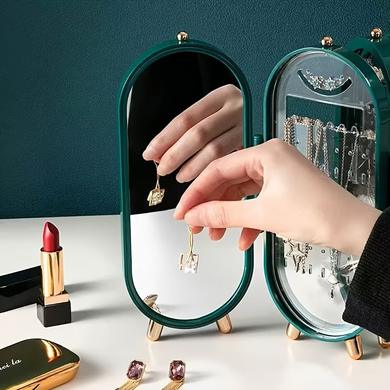 Foldable Jewellry Organizer Box with Mirror | Ear Rings & Necklace Hanging Holder | Jewelry Box Vanity Hanger Stand