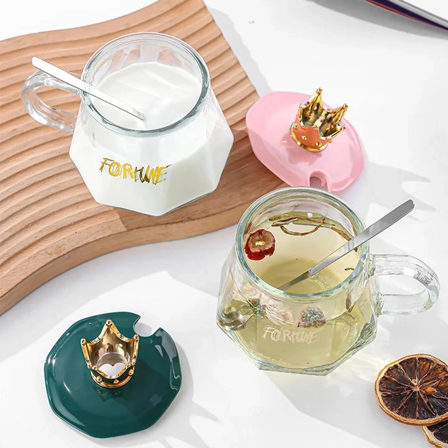 Luxury Crown Glass Mug – 300ml Clear Coffee & Tea Cup with Crown Lid and Stainless Steel Spoon