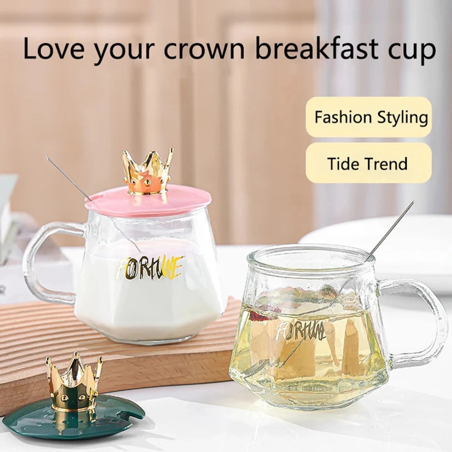 Luxury Crown Glass Mug – 300ml Clear Coffee & Tea Cup with Crown Lid and Stainless Steel Spoon